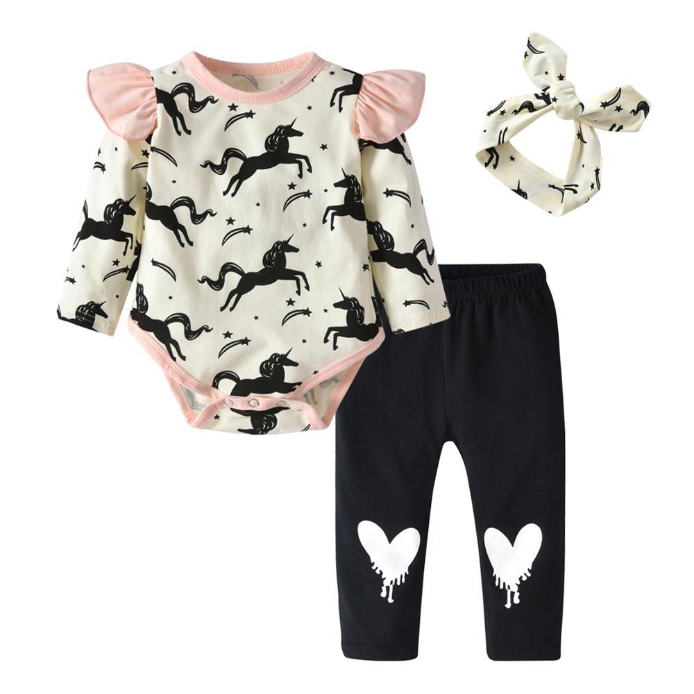 Baby Girl's Printed Sweatshirt, Pants and Headband 3 Pcs Set