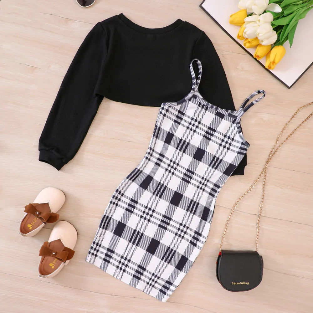 Kids Casual Clothing Sets Outfits for Girls 2024 Autumn Children Fashion Long Sleeve Short Tops Plaid Cami Bodycon Dress 5-14Y