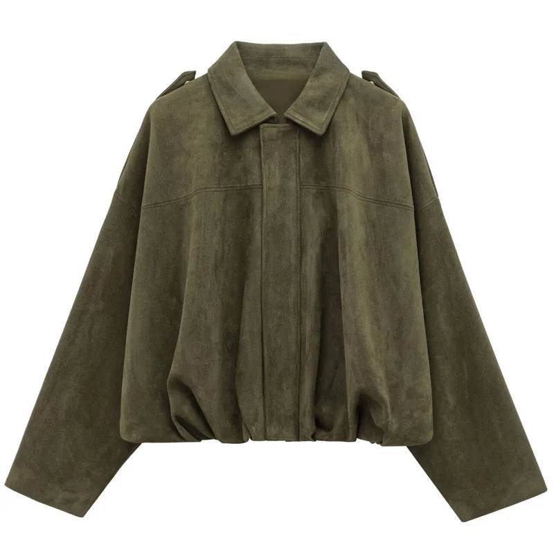 HH Women Brown Green Suede Jacket Loose Casual Bomber Coat Lapel Zipper Long Sleeve Jackets Vintage Lady Motorcycle Outwears