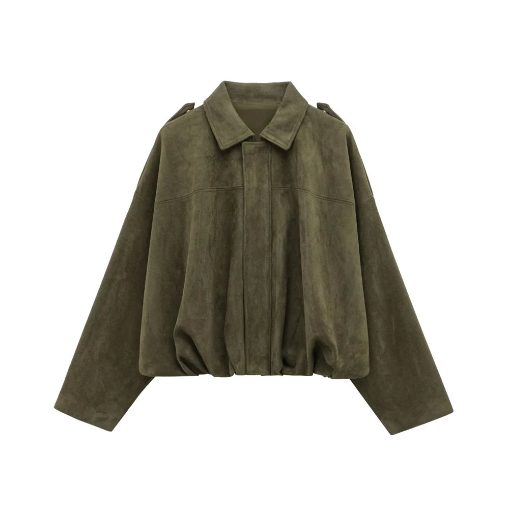 PB&ZA 2025 Women Faux Suede Collared Jacket with Shoulder Straps Loose Fit Stylish Olive Green for Sale on AliExpress